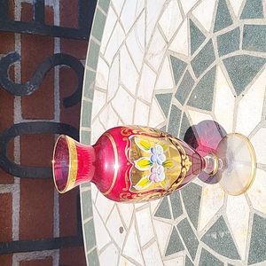 Vintage cranberry murano type small gold leaf vase